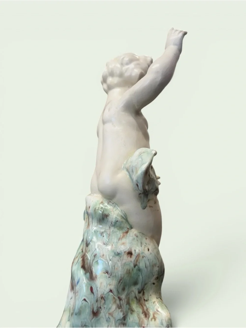 Vintage Cream Ceramic Cherub Figurine with Pale Aqua Drapery 16” x 6”